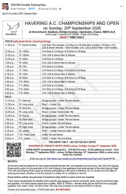 Timetable - Havering AC Open